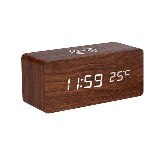 Holzwecker – Kabelloses Laden, LED-Thermometeranzeige
