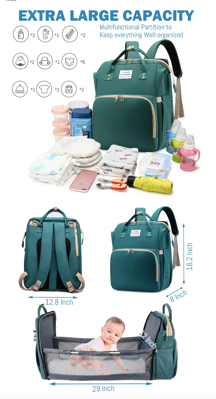 BabyNest Bag 3-in-1 Diaper Bag — Portable Baby Bed, USB Port