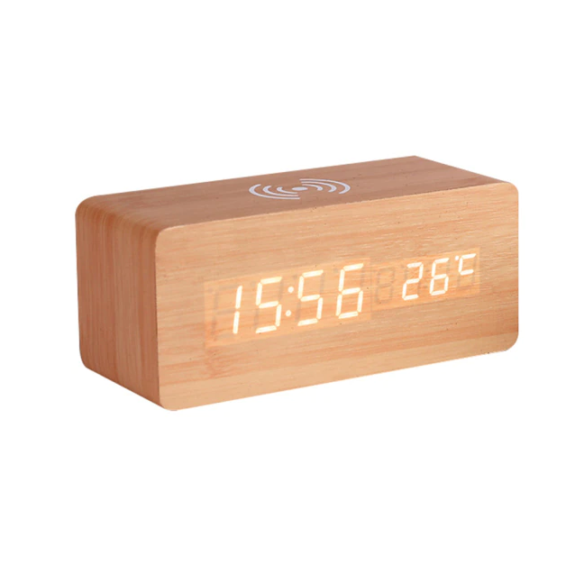 Holzwecker – Kabelloses Laden, LED-Thermometeranzeige