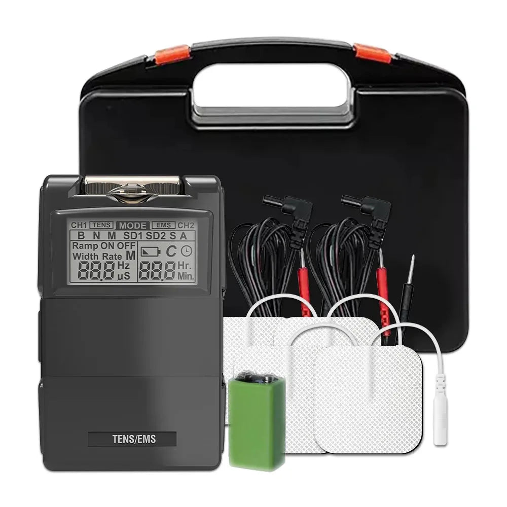 Eletroestimulador muscular TENS/EMS de canal duplo — intensidade ajustável, dois canais independentes, elétrodos adesivos