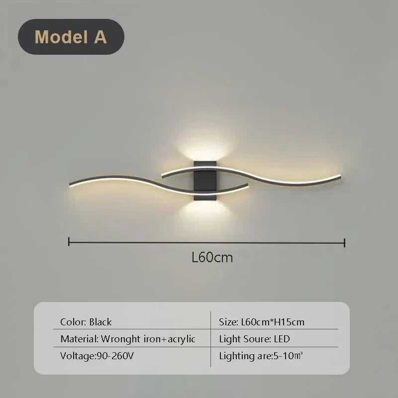 Lampă de perete LED modernă, neagră și aurie, cu dublă curbură și telecomandă