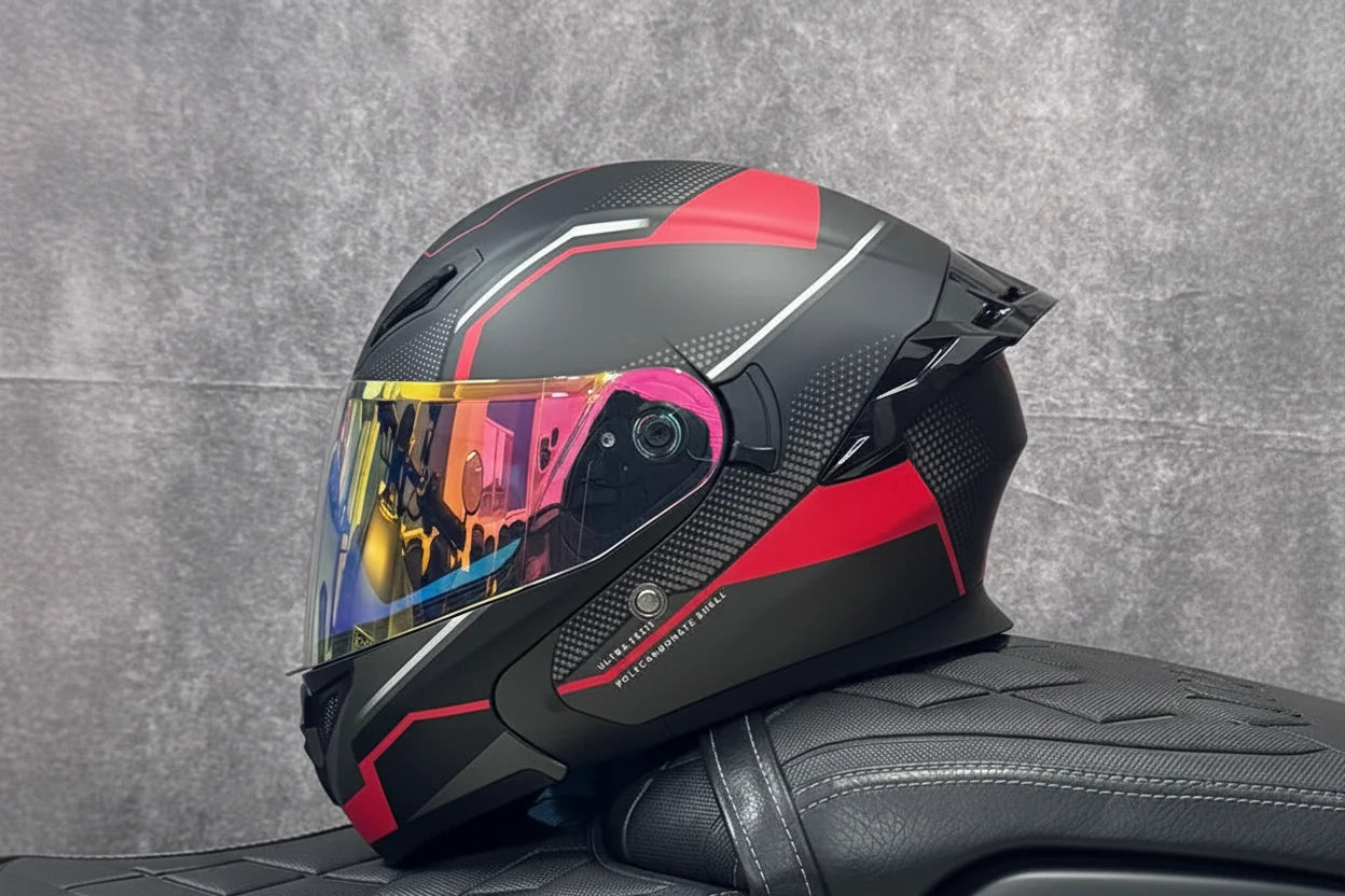 Flip-Up Full-Face Motorcycle Helmet — Dual-Lens Visor, Aerodynamic Rear Wing, DOT Certified