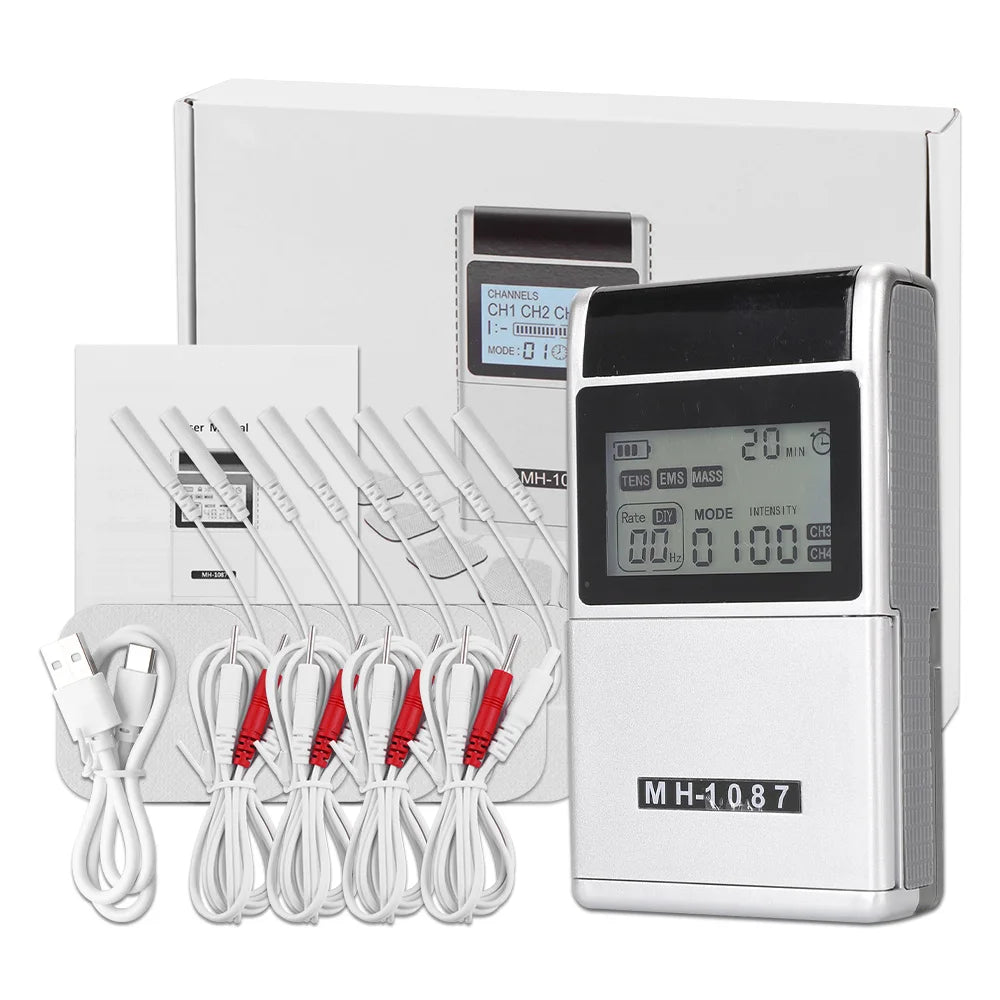 Eletroestimulador muscular TENS/EMS de canal duplo — intensidade ajustável, dois canais independentes, elétrodos adesivos