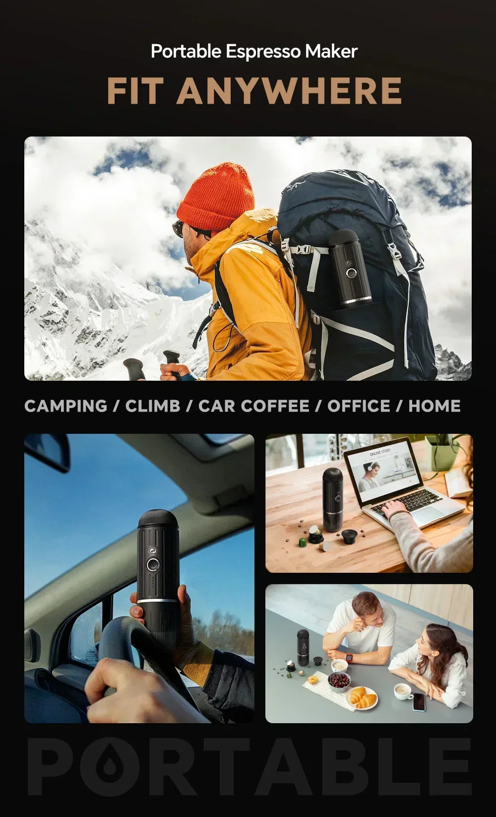 Portable Self-Heating Espresso Maker — USB-C, Ground Coffee/Nespresso
