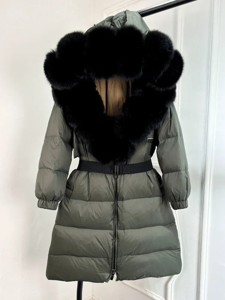 Langer Damenparka Ivy — 90 % weiße Entendaunen, Fuchspelzkragen