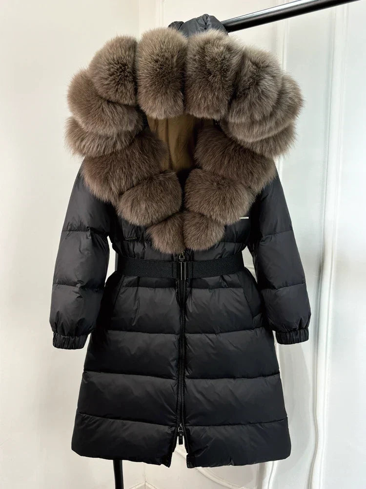 Langer Damenparka Ivy — 90 % weiße Entendaunen, Fuchspelzkragen