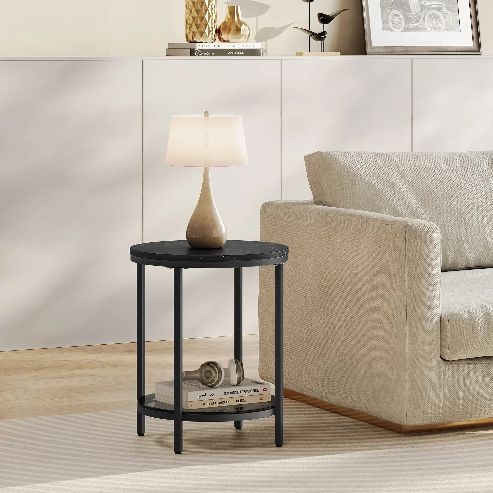 Elaris Dual-Tier End Table Featuring Marble Finish And Tempered Glass