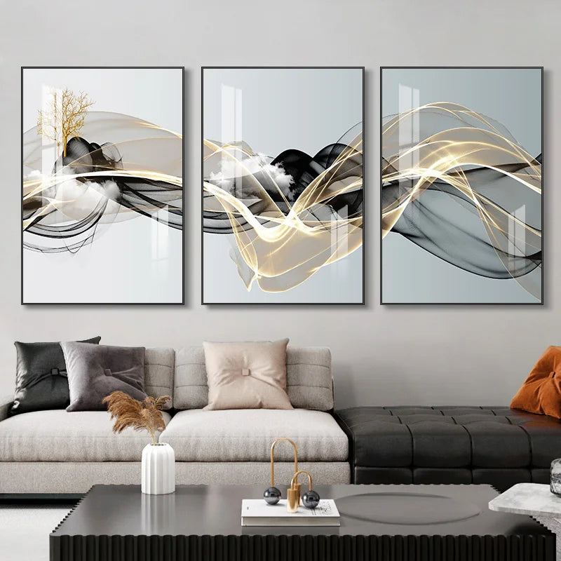 Cuadro mural nórdico abstracto dorado de ciervos, 3 piezas — Impresiones sobre lienzo