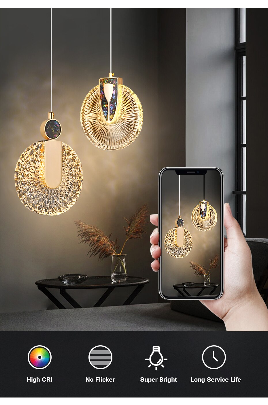 Lámpara colgante redonda de cristal con LED dorado Aurelia