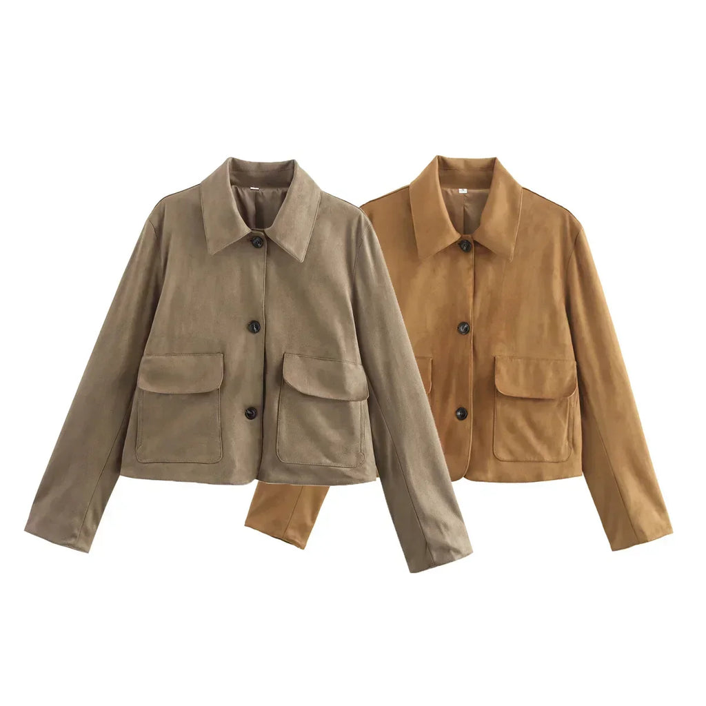 Emilia's Elegance Solid Suede Jacket — Lapel, Buttons & Pockets
