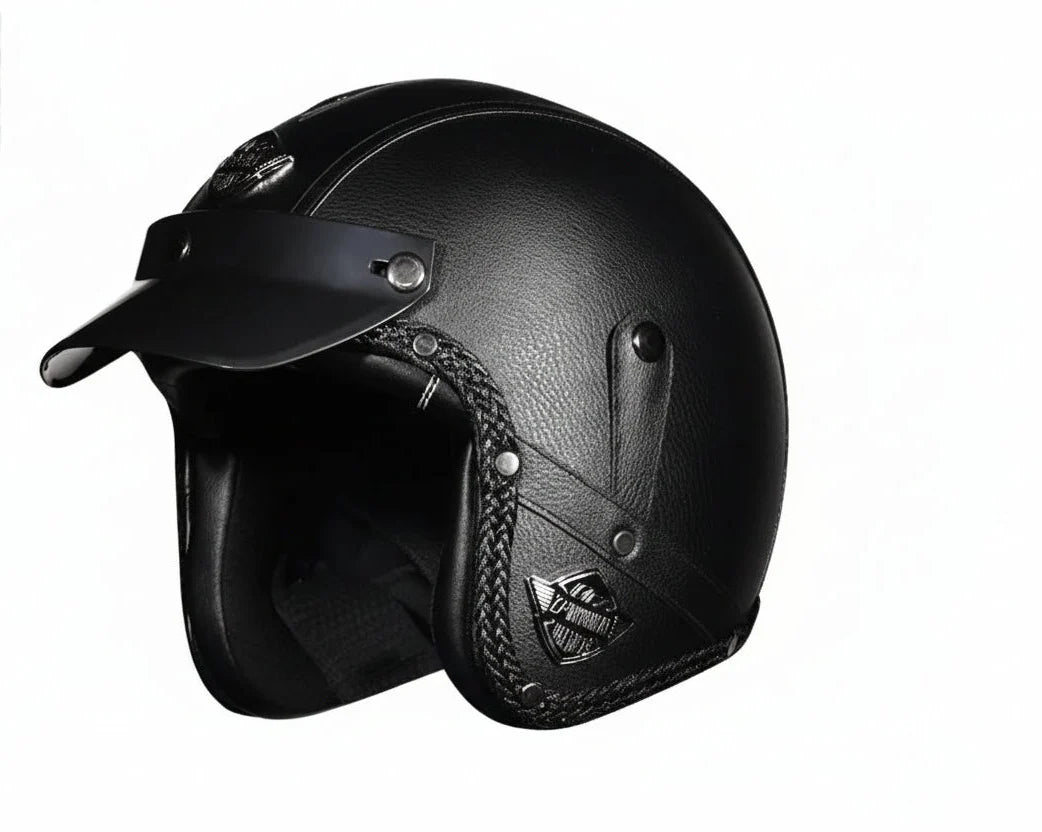 Open Face Motorcycle Helmet — Vintage PU Leather, DOT Approved