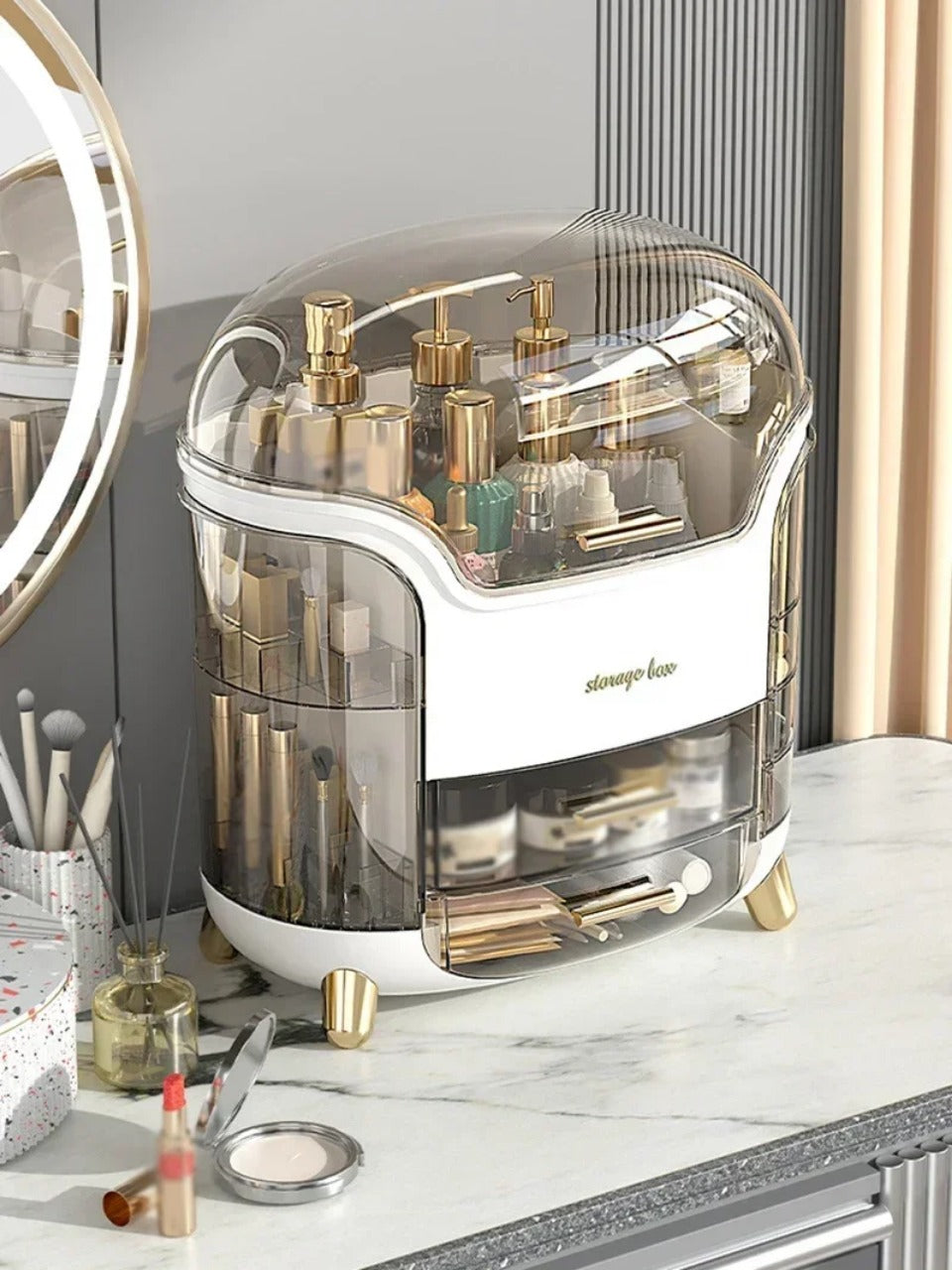 Transparent makeup- og smykkeorganisator — stor støvtæt kosmetikæske