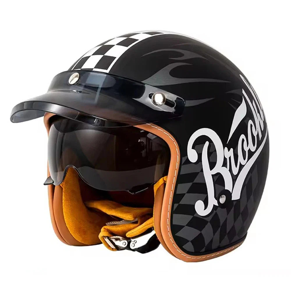 Retro Bee Open Face Motorcycle Helmet — Retractable Built-In Visor
