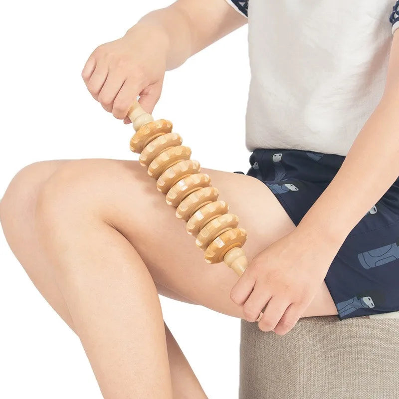 Wooden Manual Fascia Roller — Nine Rotating Rollers, Non-Slip Handle, Ergonomic Design