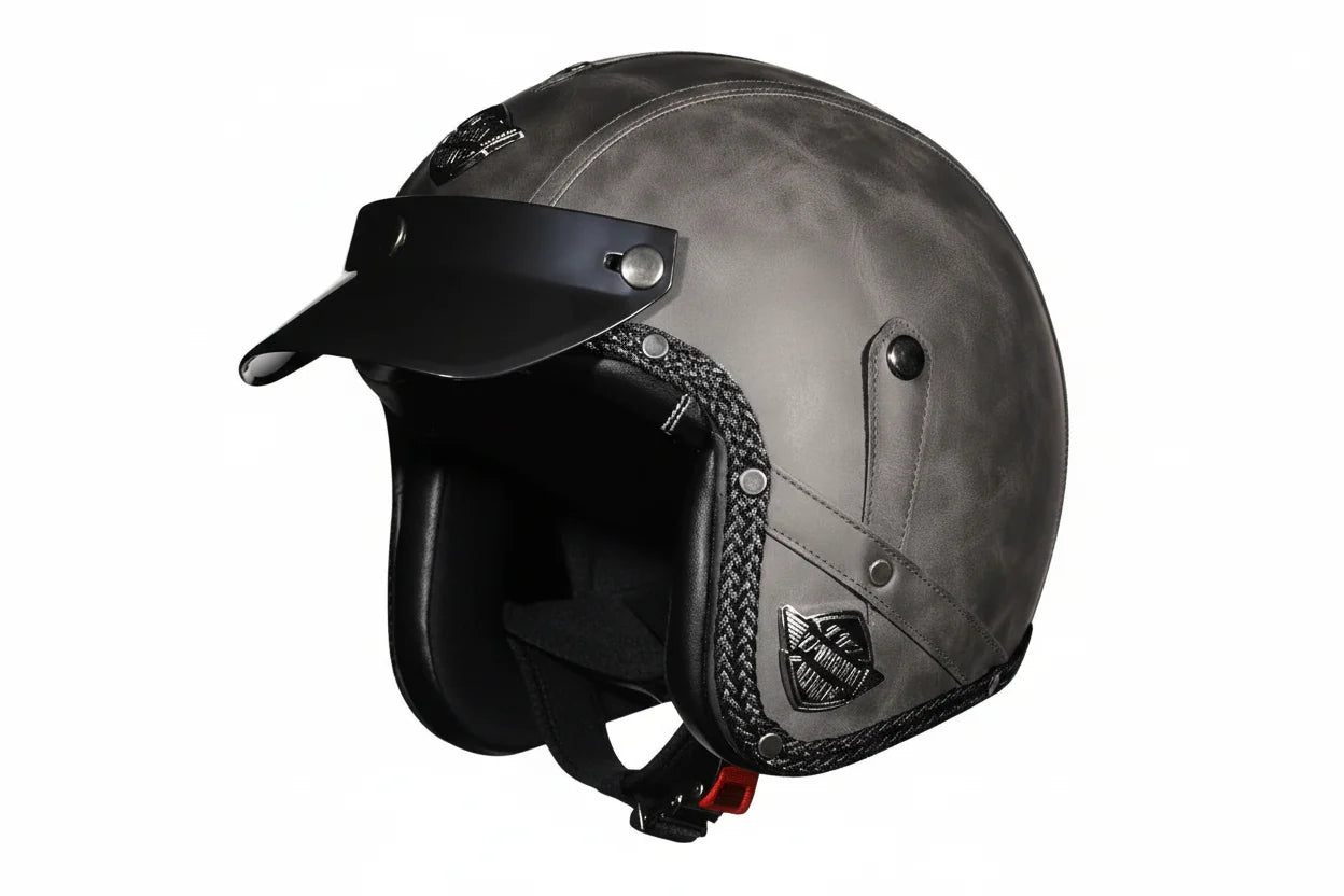 Open Face Motorcycle Helmet — Vintage PU Leather, DOT Approved