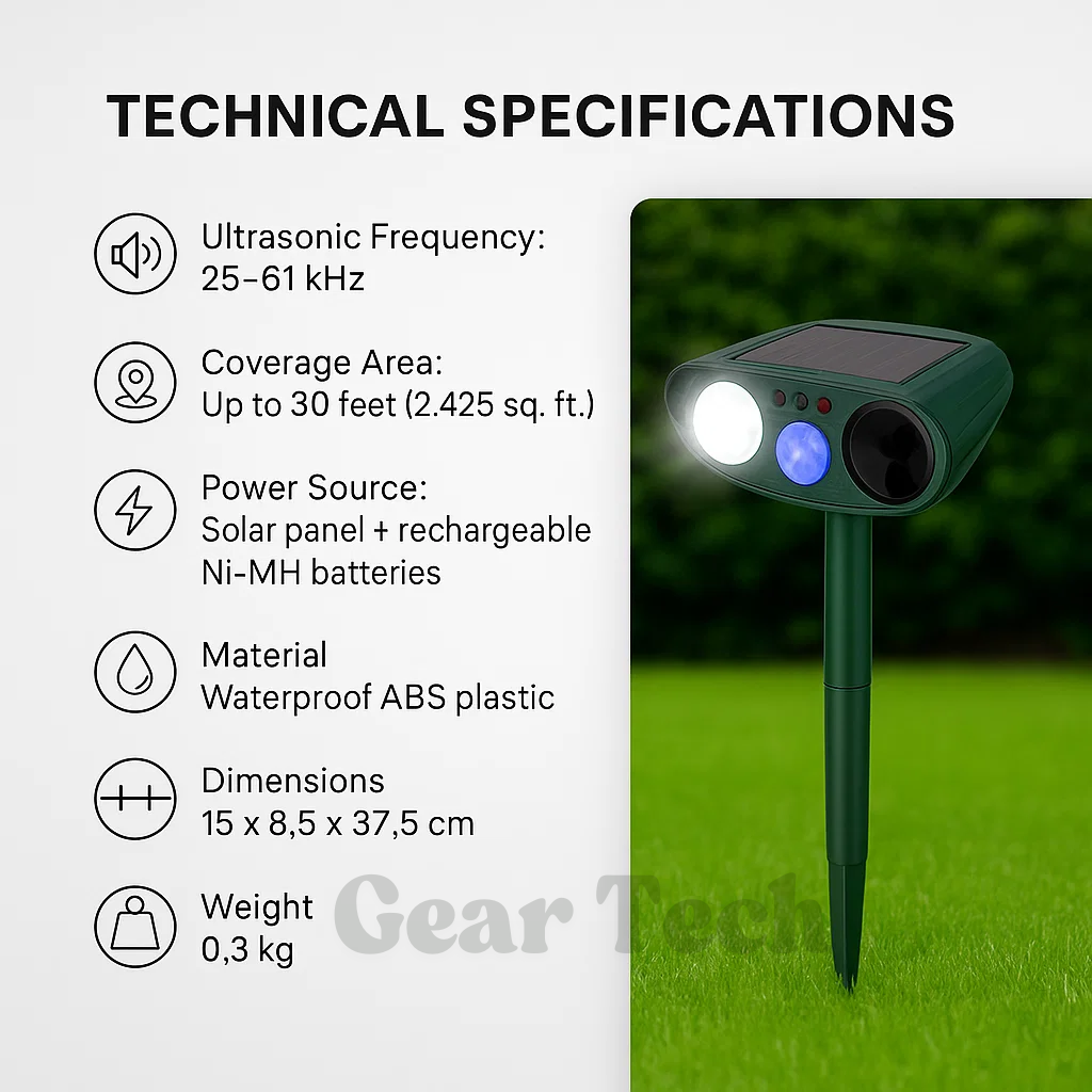 Repelente solar ultrassónico de coelhos, com luz intermitente integrada