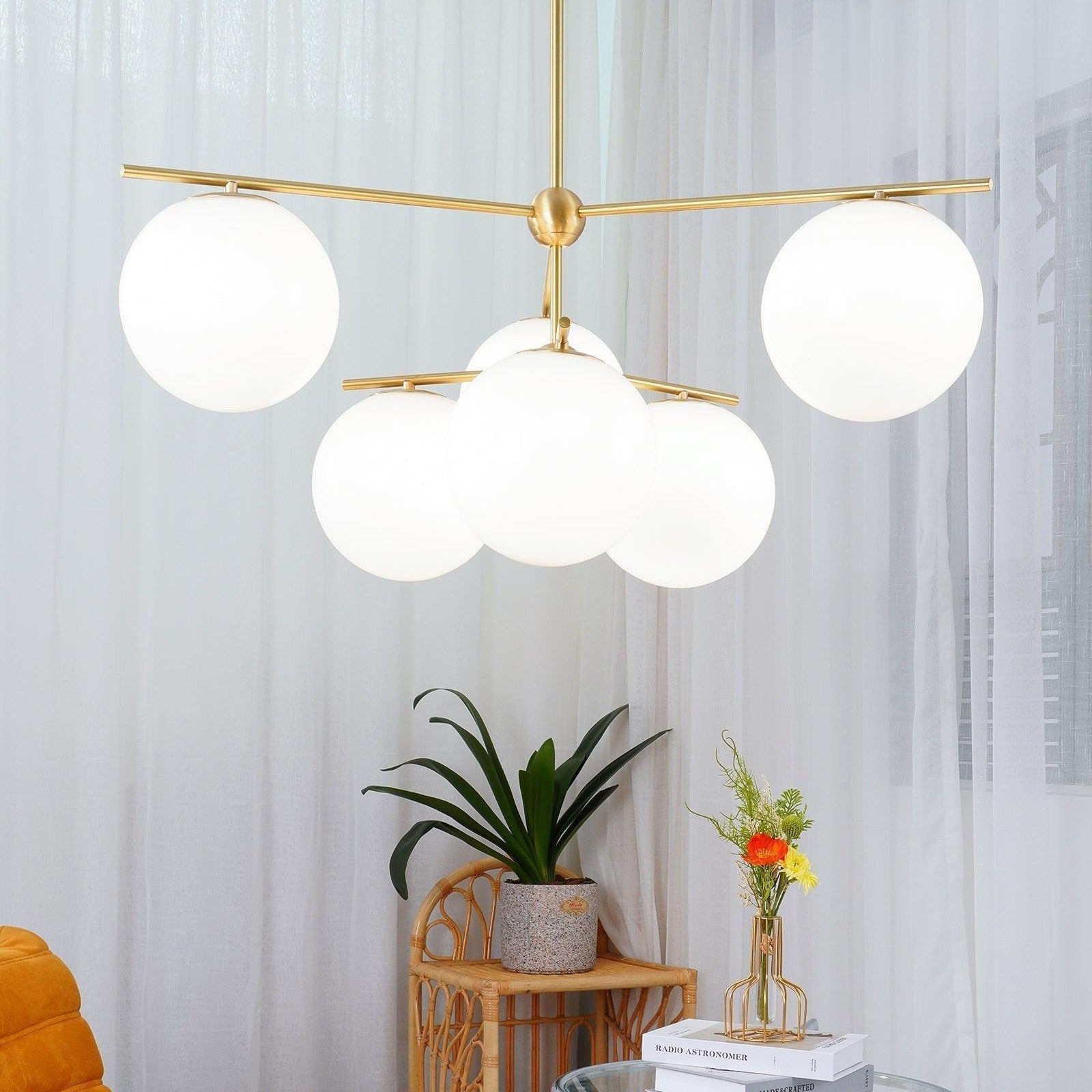 Elara Brass Chandelier With Glass Orbs For Dining Room Decor