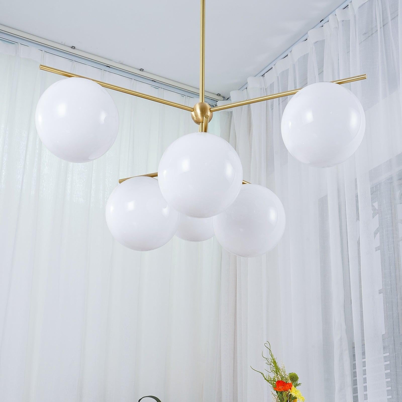Elara Brass Chandelier With Glass Orbs For Dining Room Decor