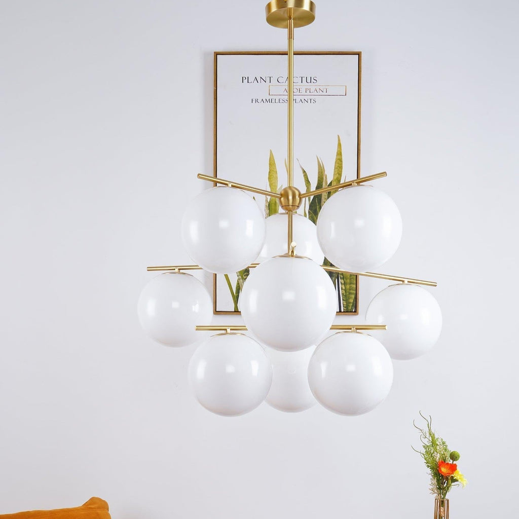 Elara Brass Chandelier With Glass Orbs For Dining Room Decor