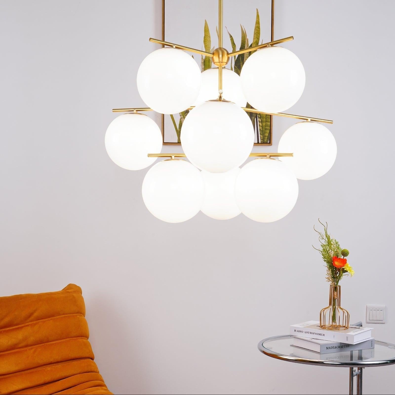 Elara Brass Chandelier With Glass Orbs For Dining Room Decor