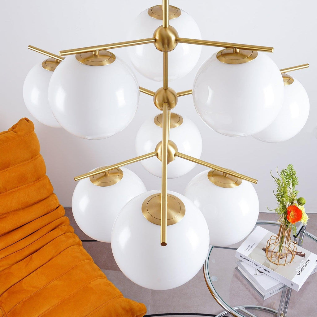 Elara Brass Chandelier With Glass Orbs For Dining Room Decor