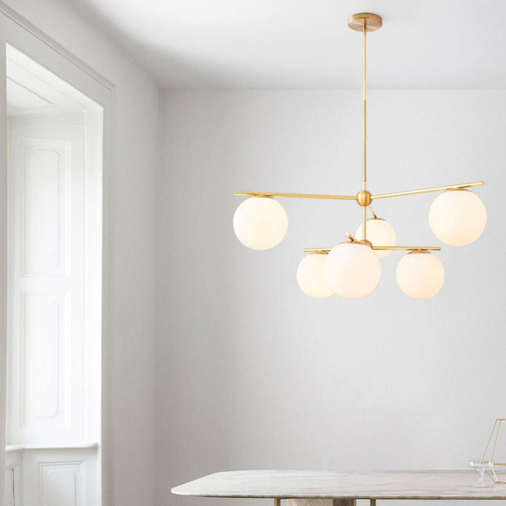 Elara Brass Chandelier With Glass Orbs For Dining Room Decor