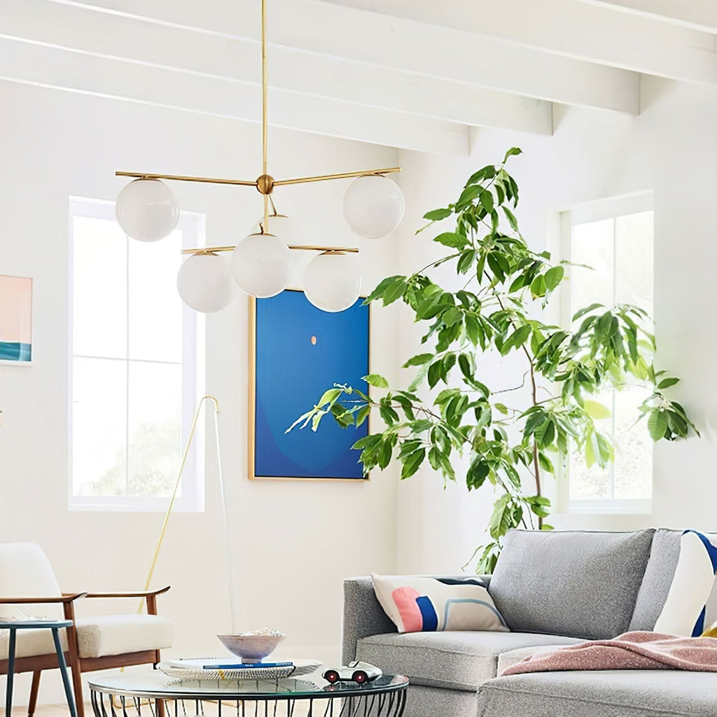 Elara Brass Chandelier With Glass Orbs For Dining Room Decor