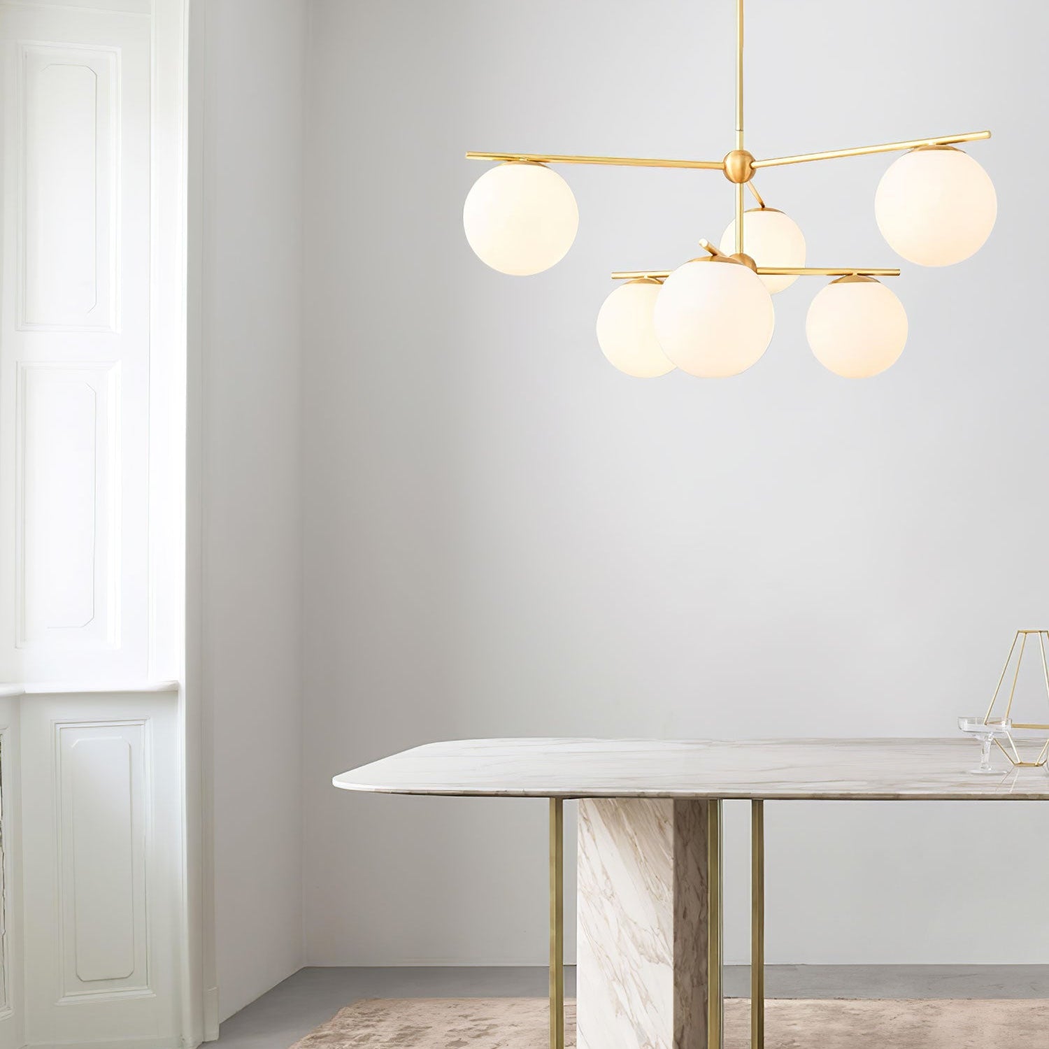 Elara Brass Chandelier With Glass Orbs For Dining Room Decor