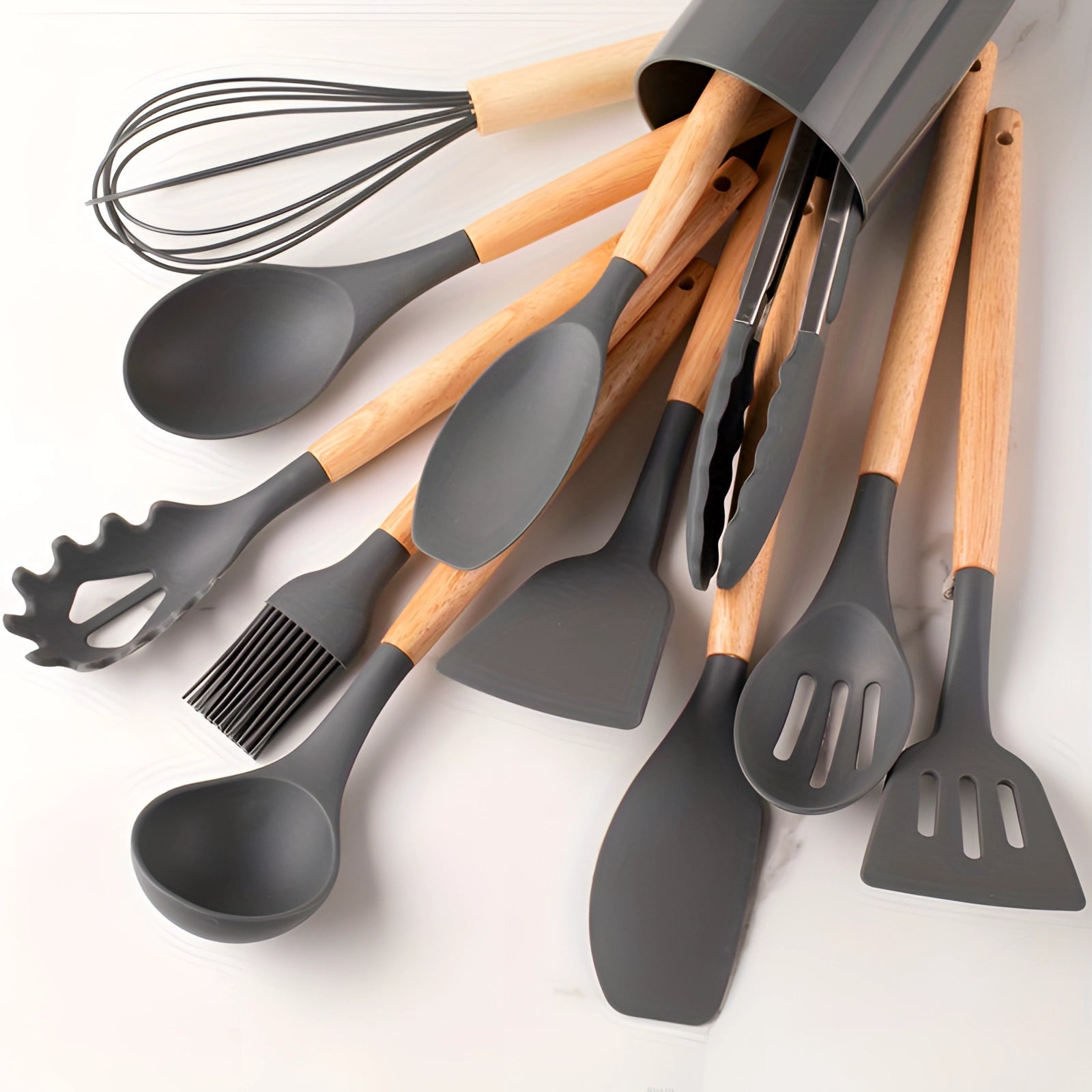 Bamboo-Handled Silicone Kitchenware Twelve-Piece Eco-Friendly Set