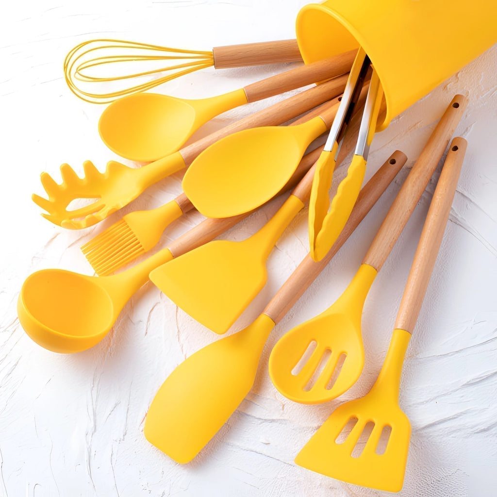 Bamboo-Handled Silicone Kitchenware Twelve-Piece Eco-Friendly Set