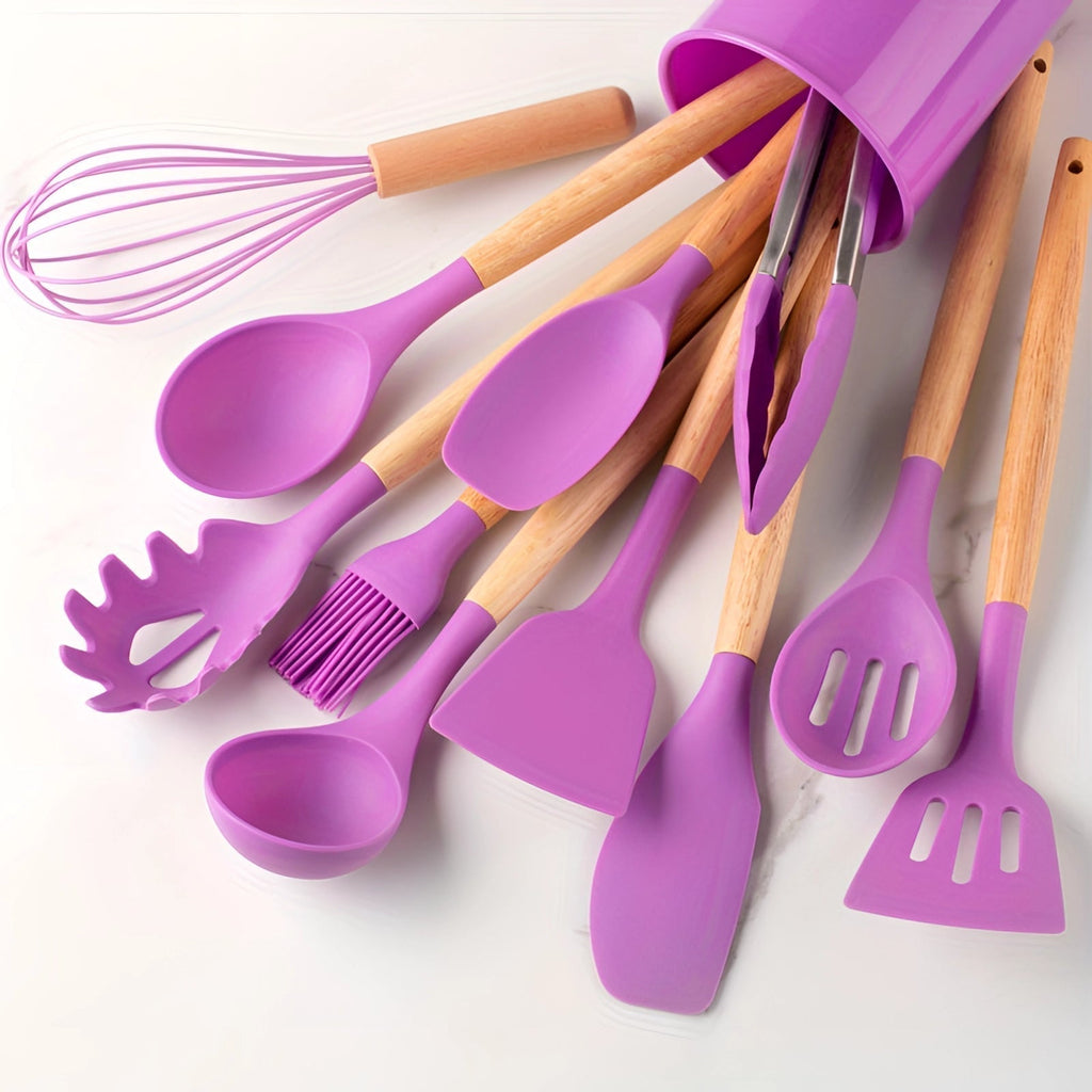 Bamboo-Handled Silicone Kitchenware Twelve-Piece Eco-Friendly Set