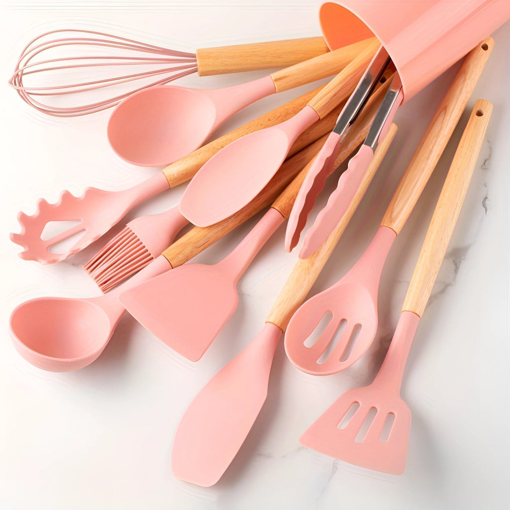 Bamboo-Handled Silicone Kitchenware Twelve-Piece Eco-Friendly Set