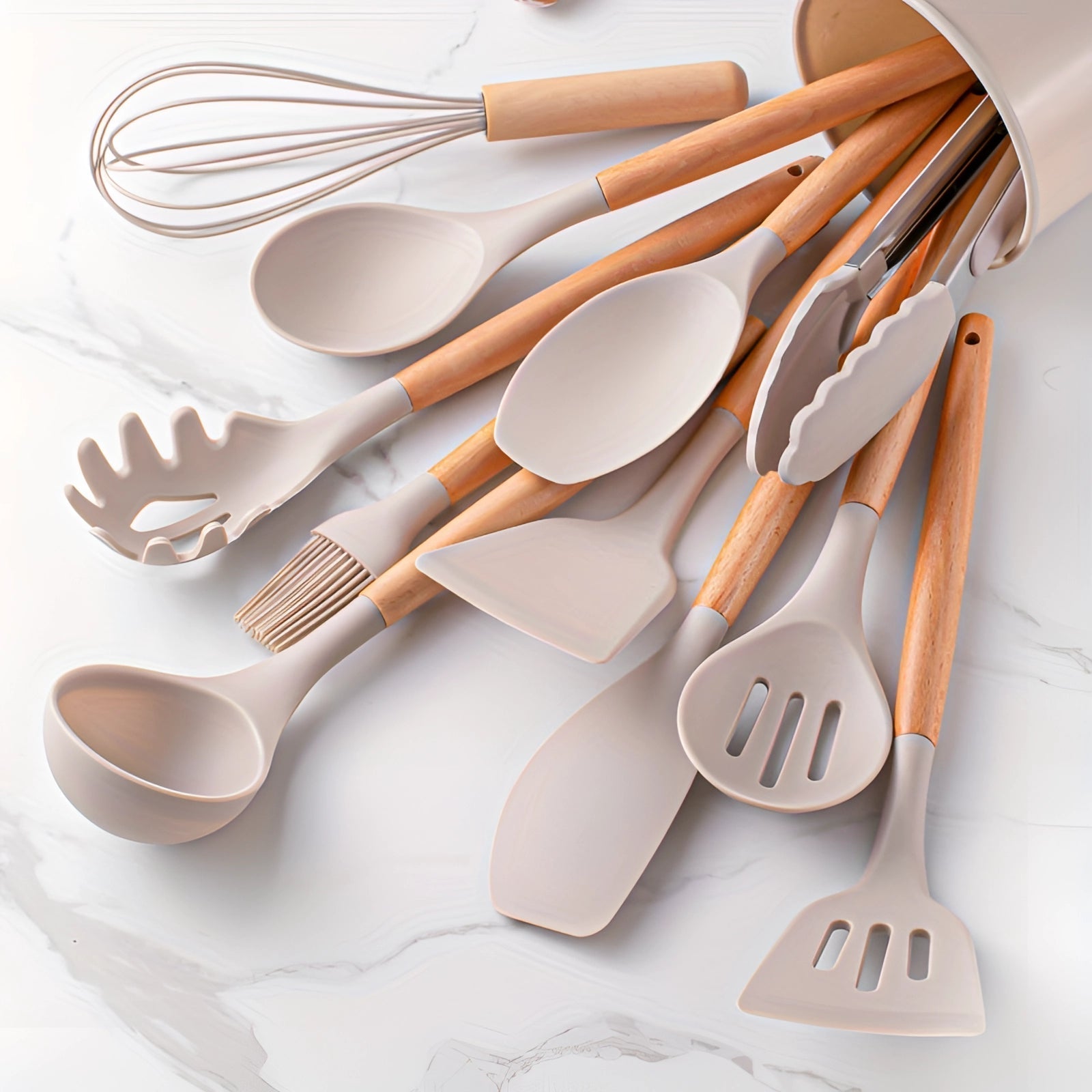 Bamboo-Handled Silicone Kitchenware Twelve-Piece Eco-Friendly Set