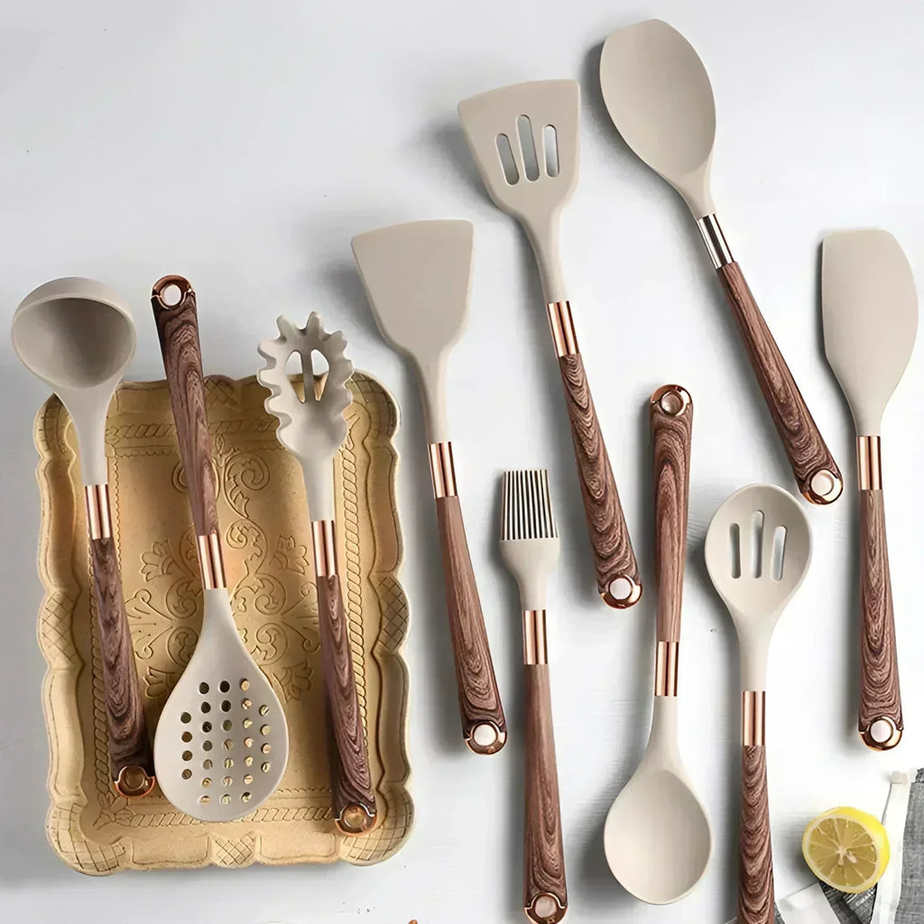 Copper And Wooden Handles Kitchen Utensil Set With Silicone Tools