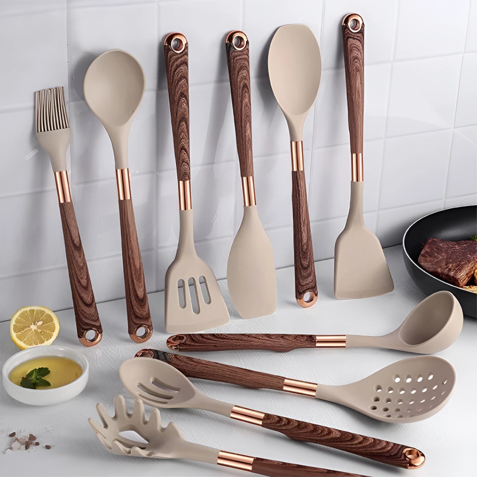 Copper And Wooden Handles Kitchen Utensil Set With Silicone Tools