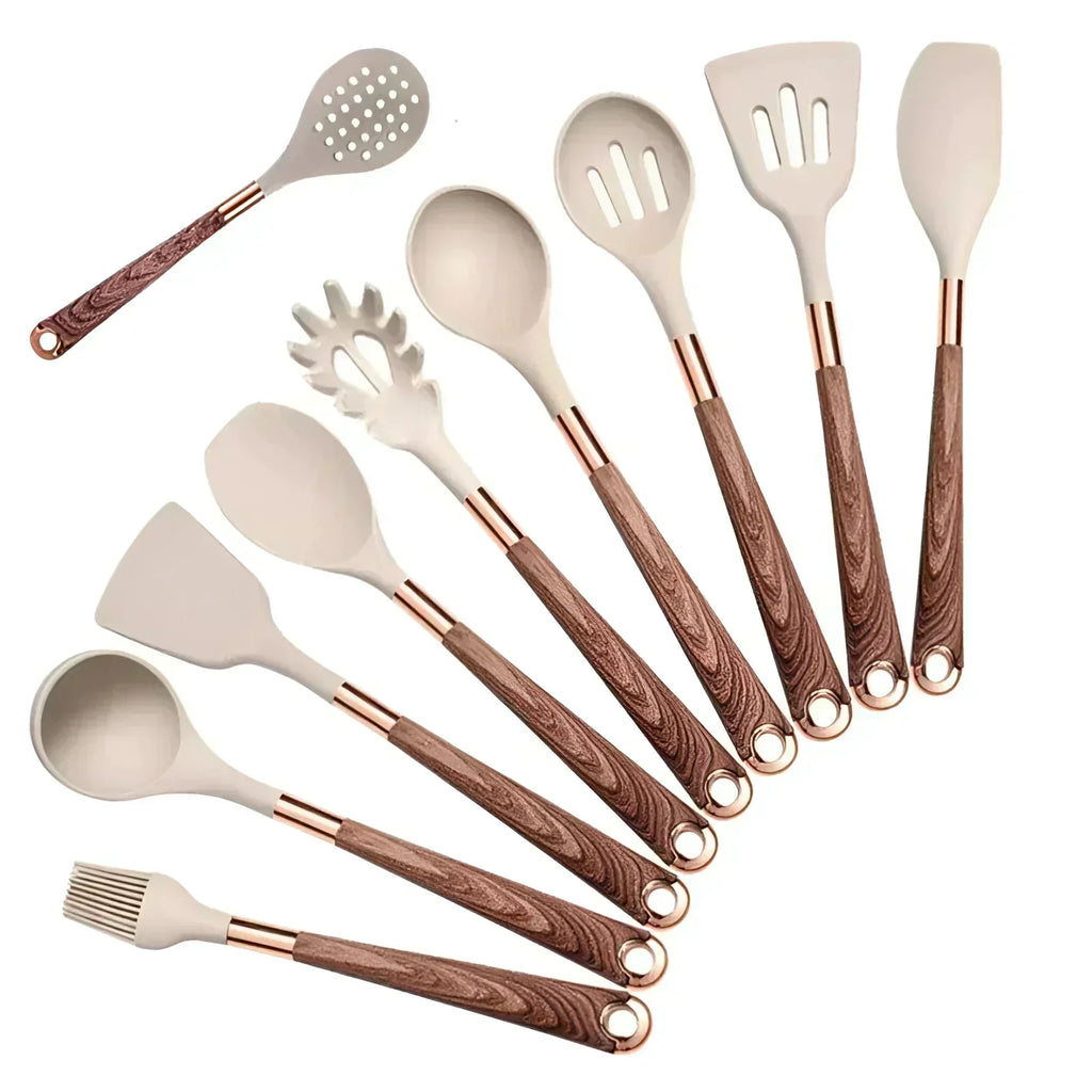 Copper And Wooden Handles Kitchen Utensil Set With Silicone Tools