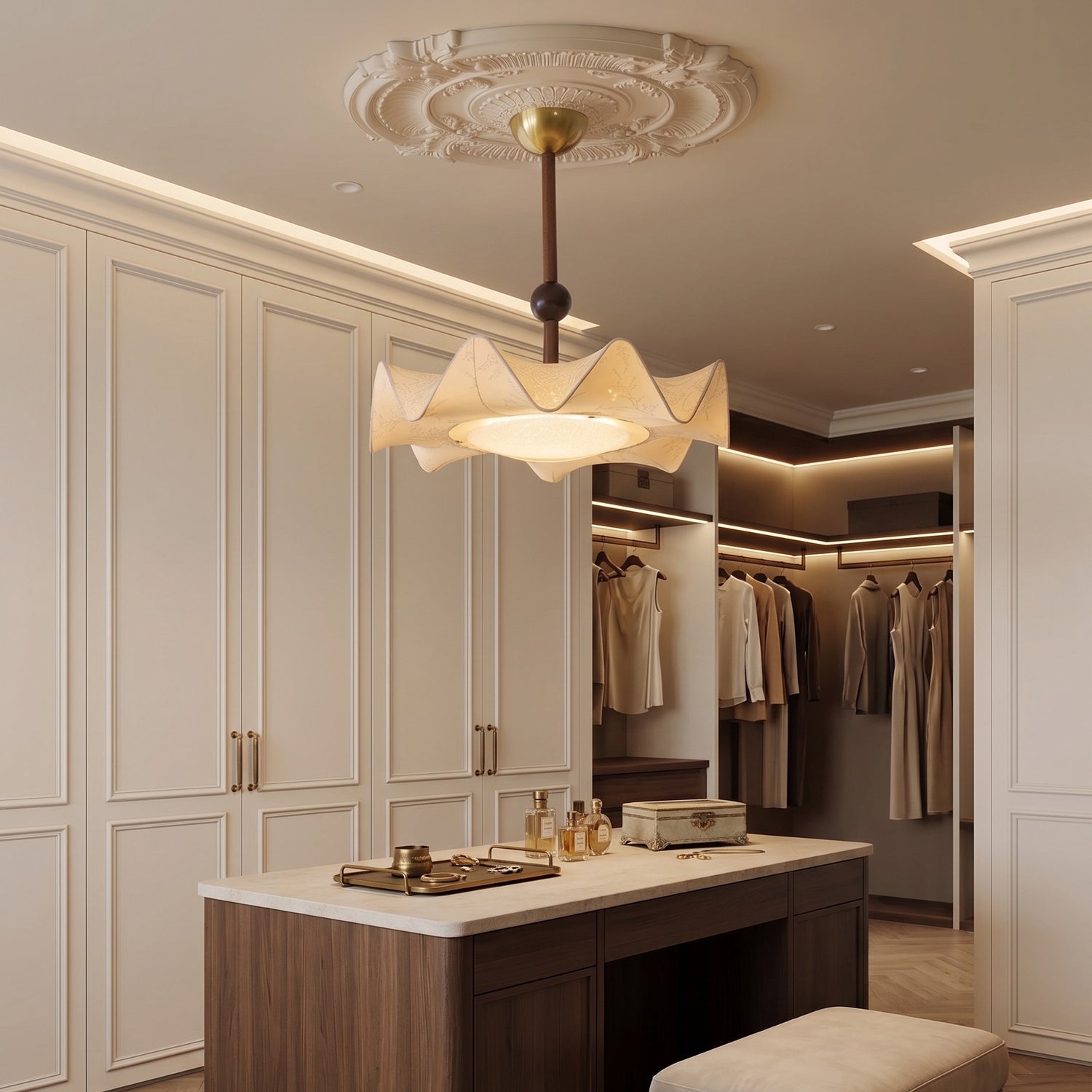 Walnut And Gold LED Ceiling Light — Fanned Petal Floral Design