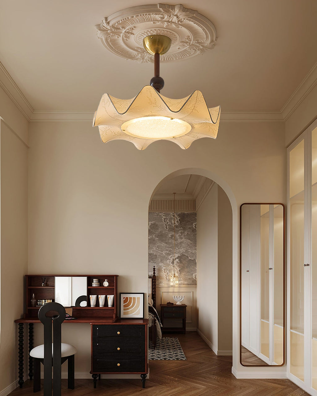 Walnut And Gold LED Ceiling Light — Fanned Petal Floral Design