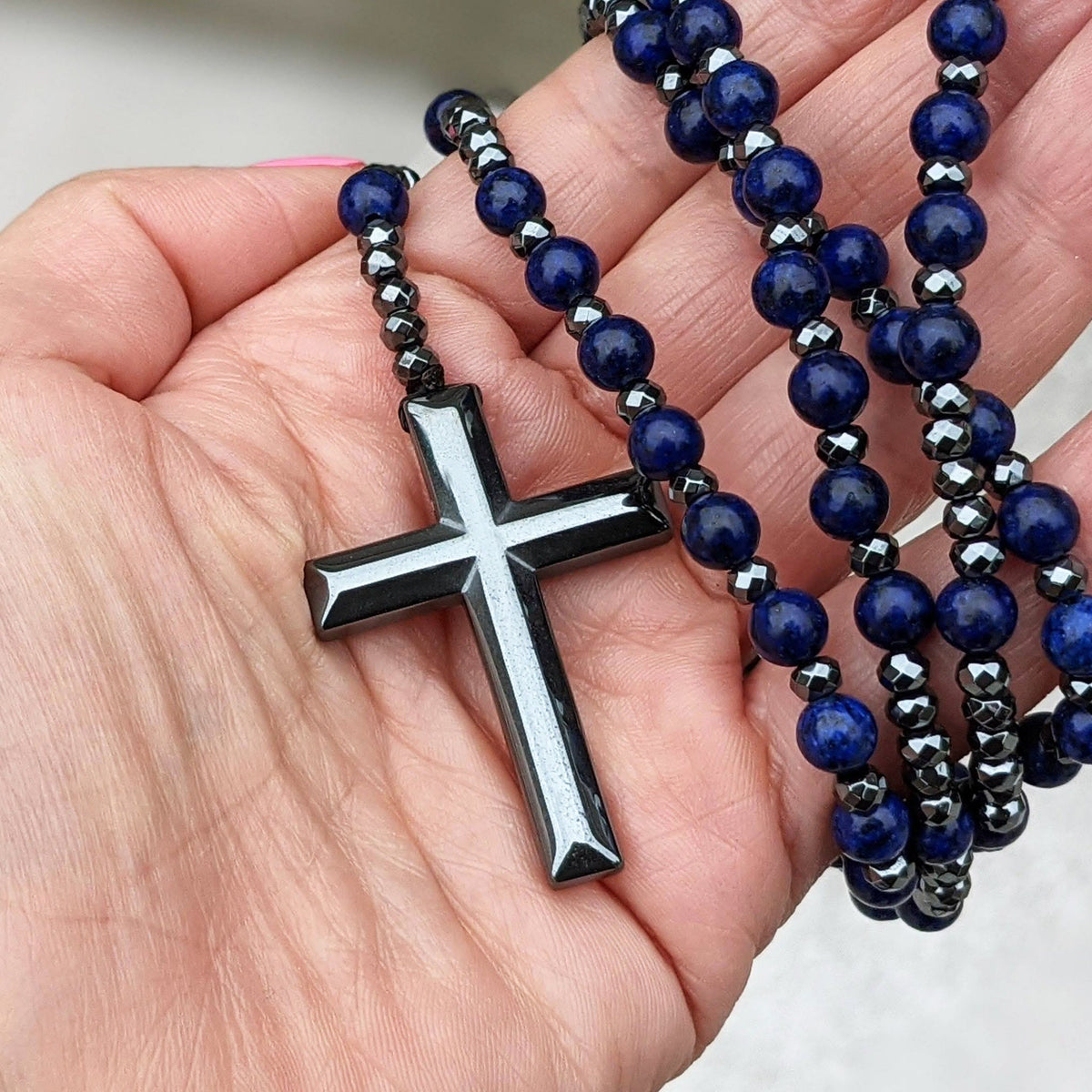 Tiger- und Lapislazuli-Kreuz-Rosenkranz-Halskette für Herren von Orion