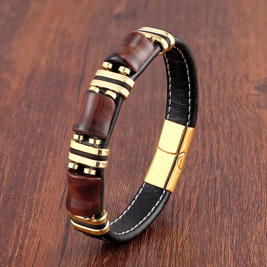 Herrenarmband aus Tigerauge und Leder — schwarze Seilkette