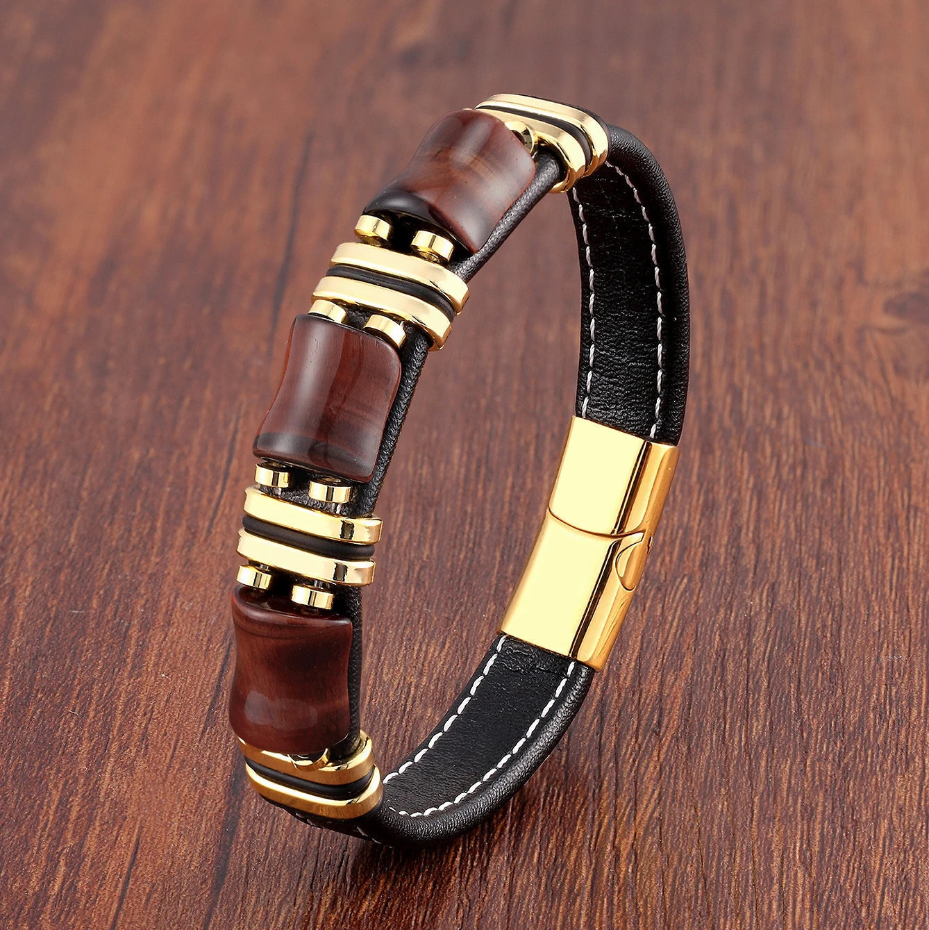 Herrenarmband aus Tigerauge und Leder — schwarze Seilkette