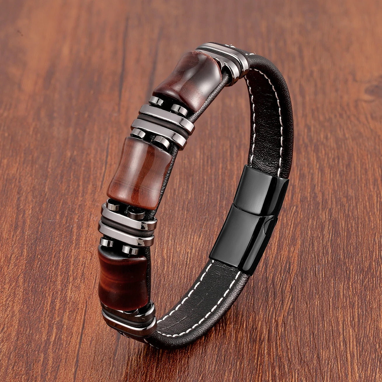 Herrenarmband aus Tigerauge und Leder — schwarze Seilkette