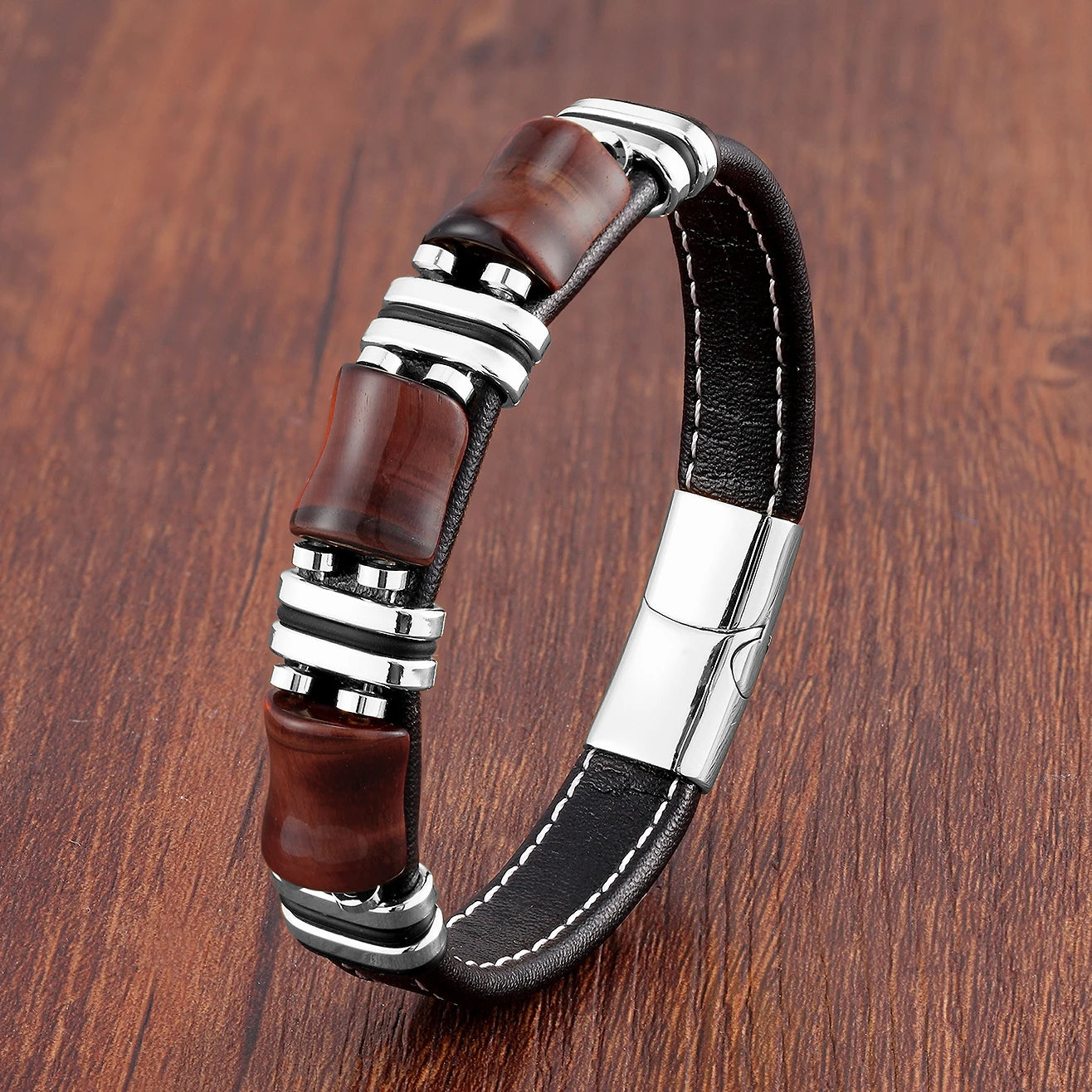 Herrenarmband aus Tigerauge und Leder — schwarze Seilkette