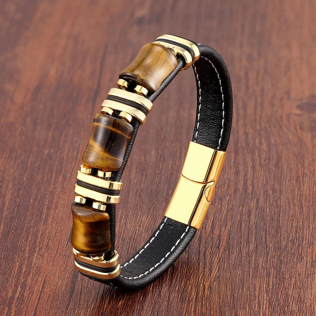 Herrenarmband aus Tigerauge und Leder — schwarze Seilkette