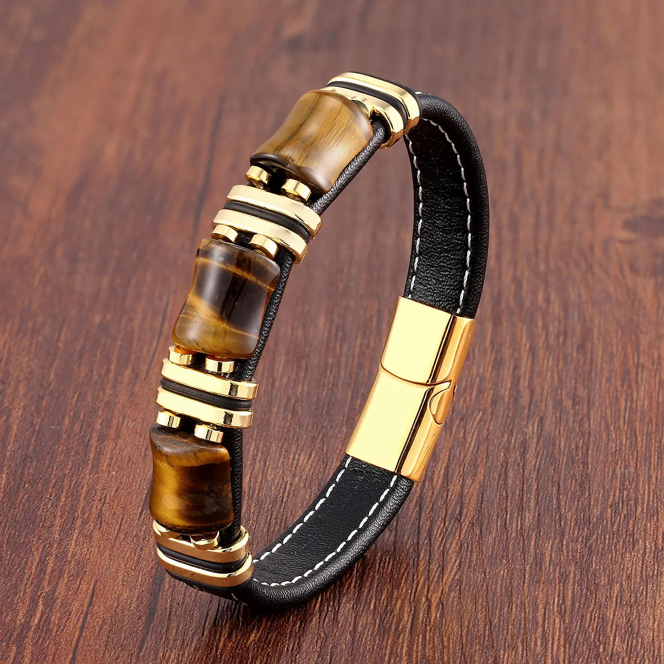 Herrenarmband aus Tigerauge und Leder — schwarze Seilkette