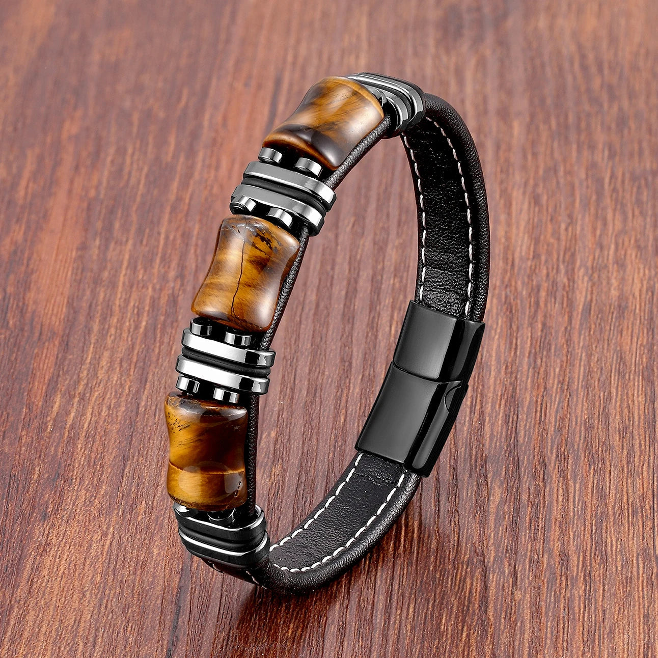 Herrenarmband aus Tigerauge und Leder — schwarze Seilkette