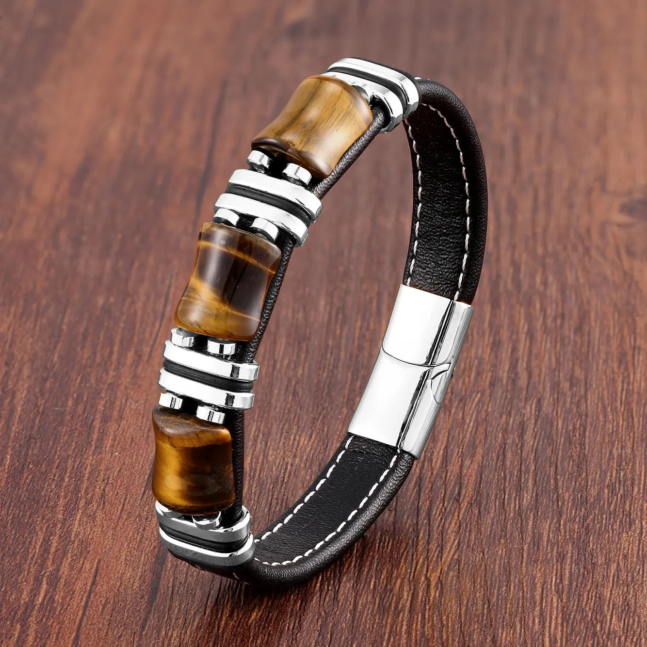 Herrenarmband aus Tigerauge und Leder — schwarze Seilkette