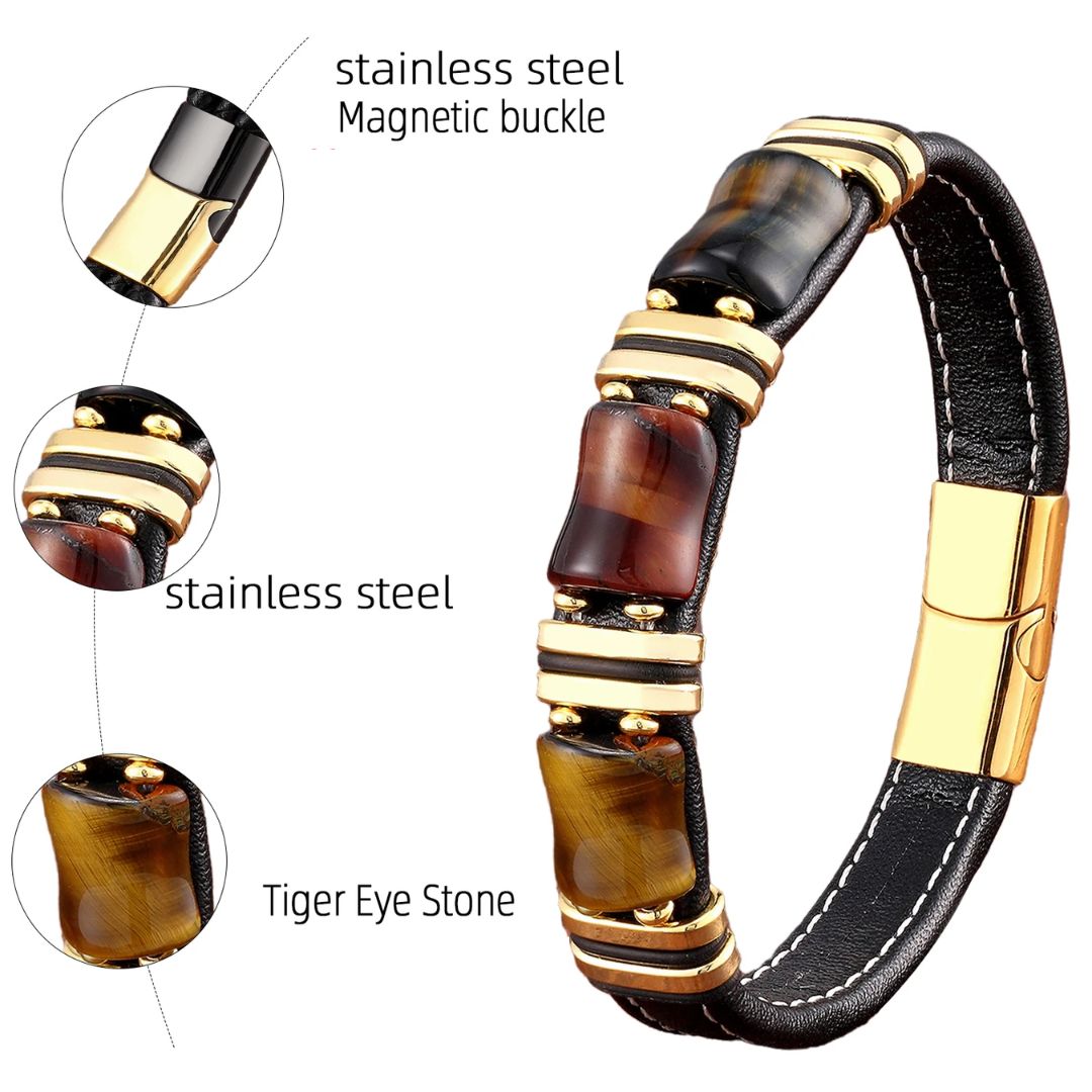 Herrenarmband aus Tigerauge und Leder — schwarze Seilkette