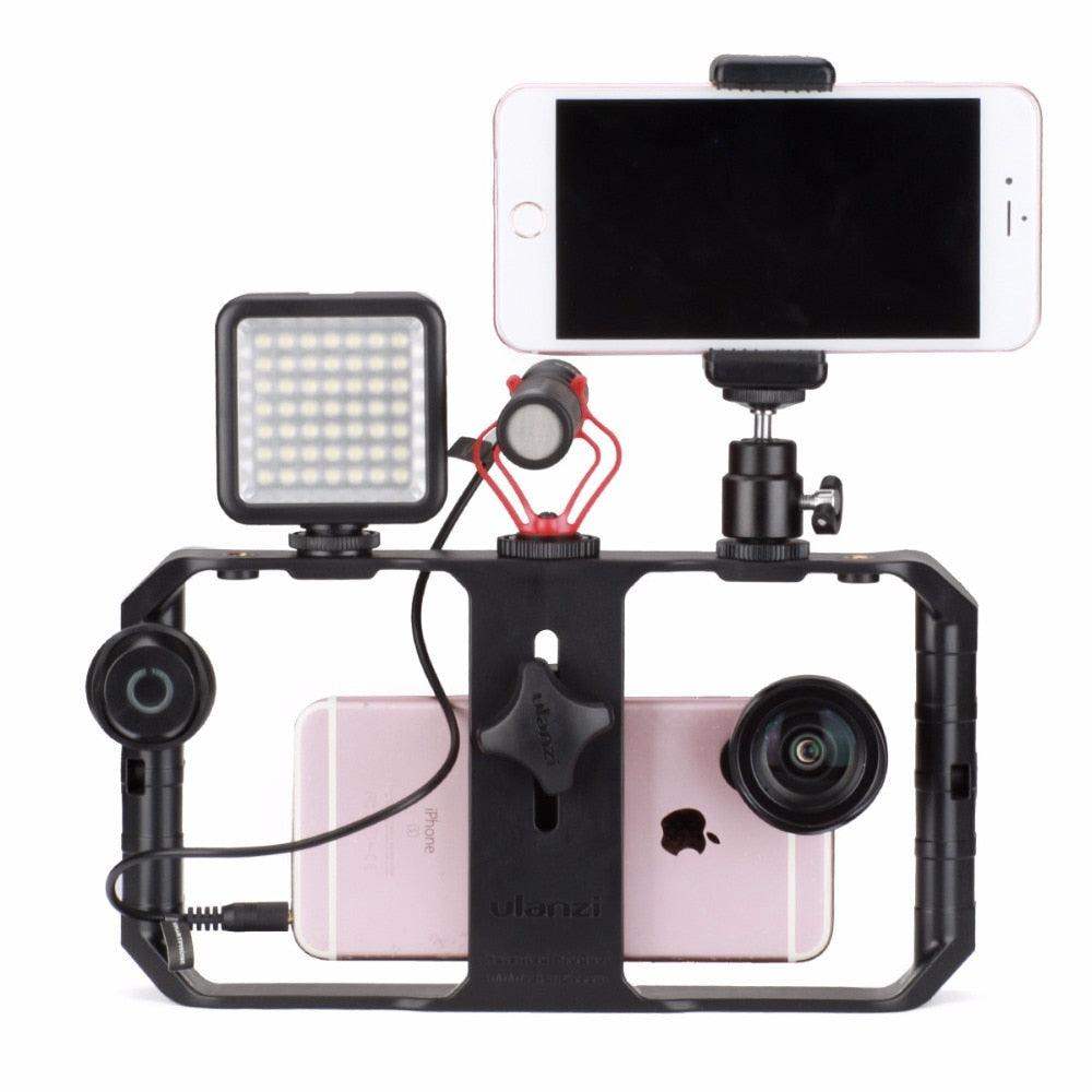 Mobile Phone Video Rig Cage — Integrated LED Light, Stable Shooting Grip