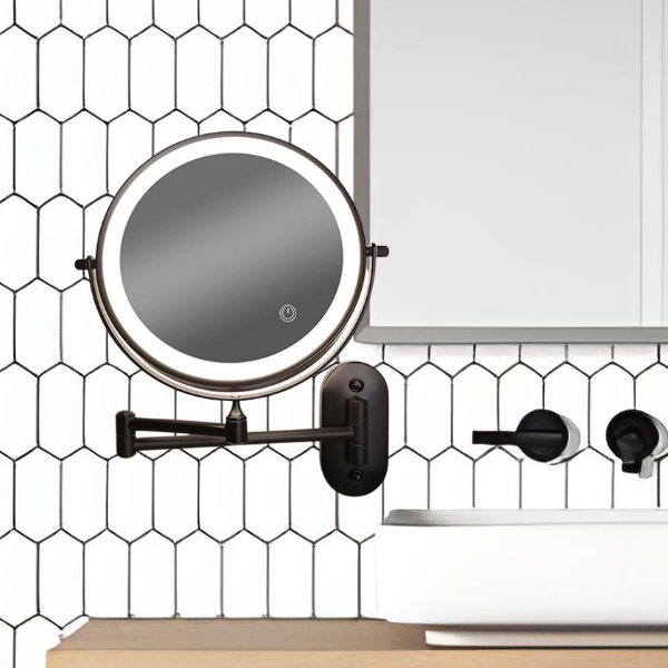 Specchio ingranditore LED nero ricaricabile — illuminazione brillante, chiarezza precisa
